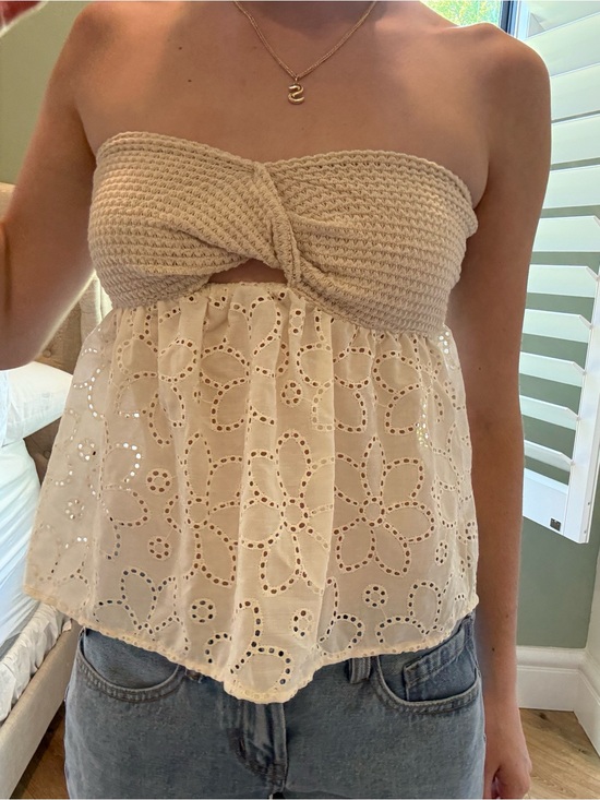 SHEIN Tops - SHEIN Cream Strapless Crochet Twist Eyelet Camisole